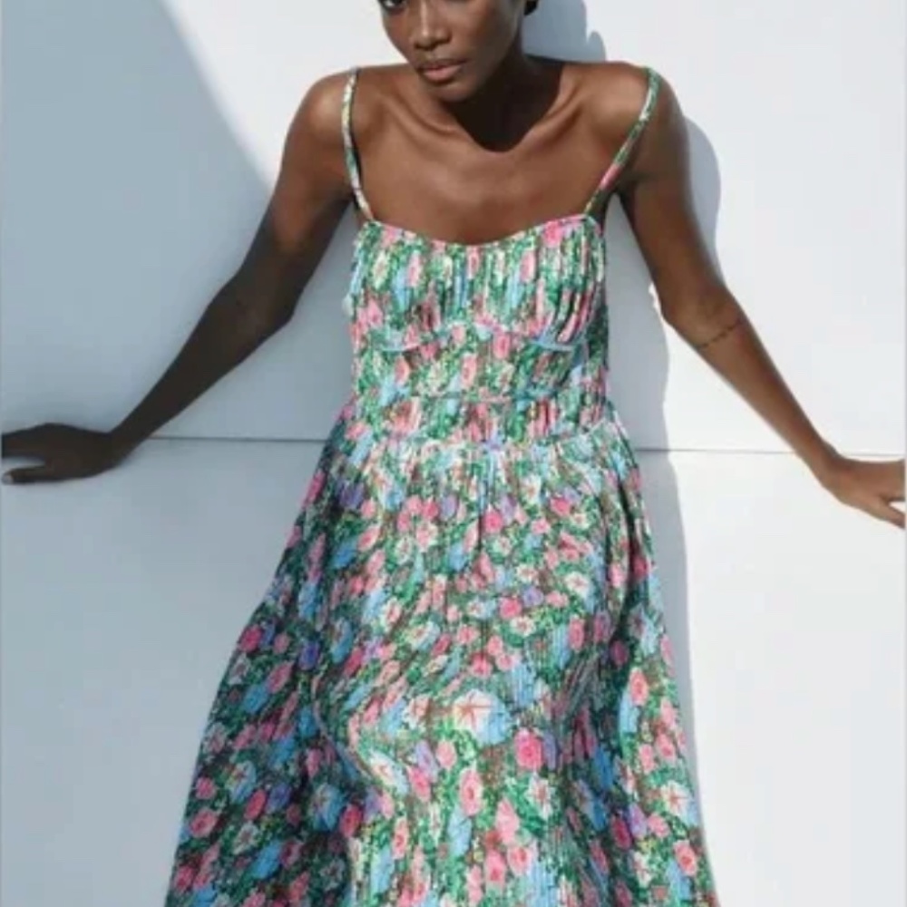 Zara Green Floral Pleated Bustier Midi Dress
